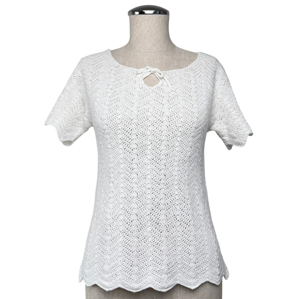 Vintage 90s Express Tricot Crochet Sweater Knit White Top Summer Boho Cottage S